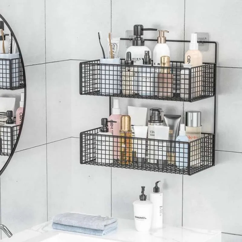 2 Layer Shelving Basket, Wall Mounted Bathroom Rack, Multifunctional Toiletries Organizer, Free Punch Condiment Storage Basket, Kitchen Wall-mounted Storage Basket 2 Layer Shelving Basket, Wall Mounted Bathroom Rack, Multifunctional Toiletries Organizer, Free Punch Condiment Storage Basket, Kitchen Wall-mounted Storage Basket